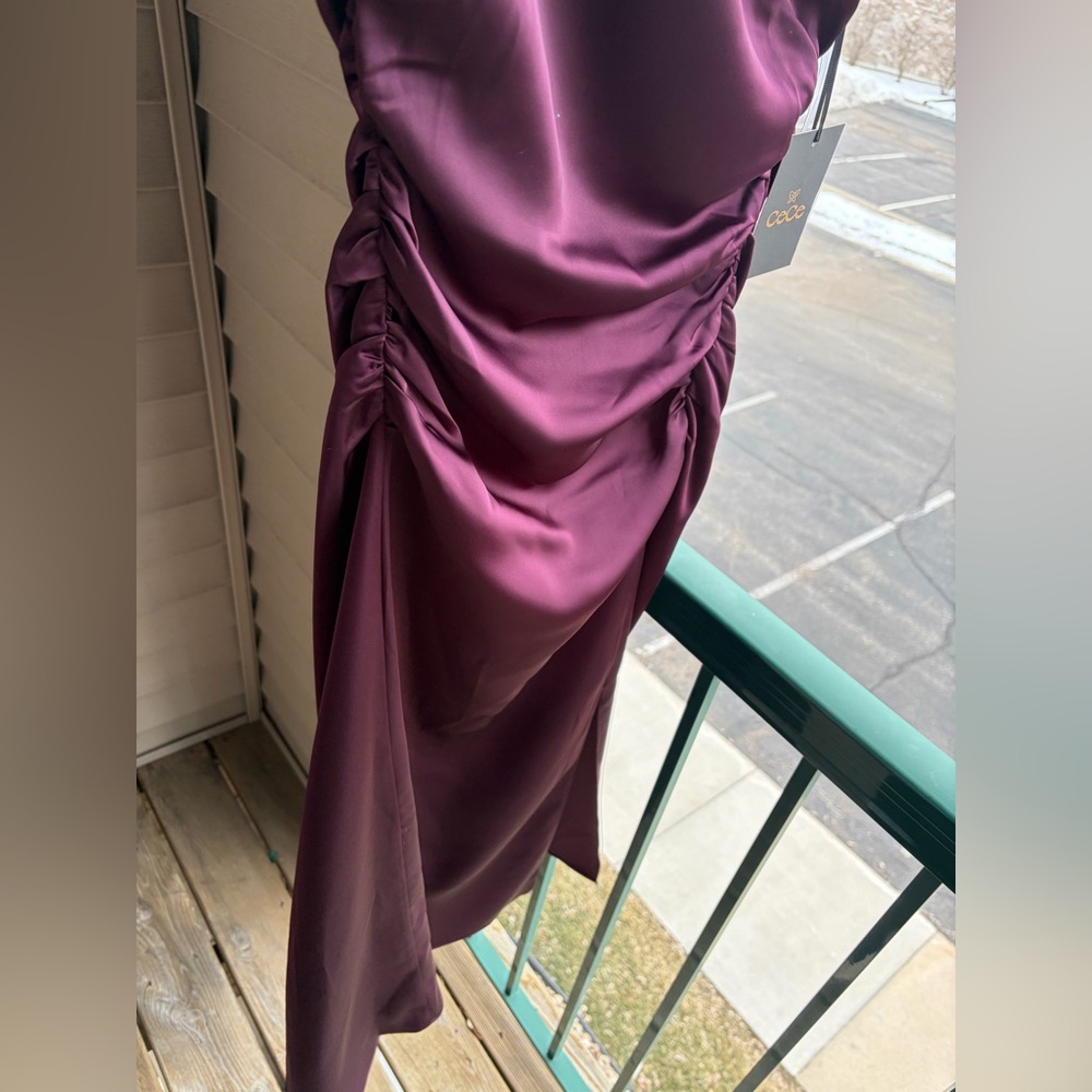 🆕 ✨CeCe Rich Cabernet Satin Ruched Midi Dress Size 6 Mock Elegant Cocktail Party - Picture 11 of 15